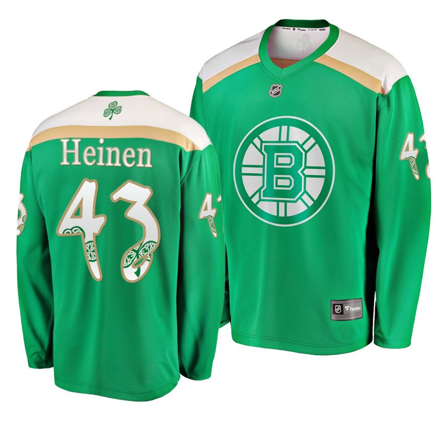Bruins #43 Danton Heinen St. Patrick's Day Green Stitched Jersey
