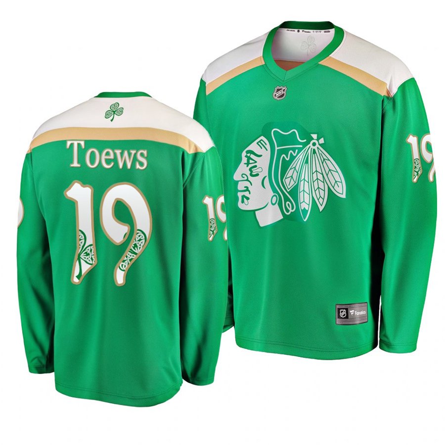 Blackhawks #19 Jonathan Toews St. Patrick's Day Green Stitched Jersey