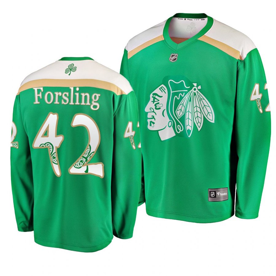 Blackhawks #42 Gustav Forsling St. Patrick's Day Green Stitched Jersey