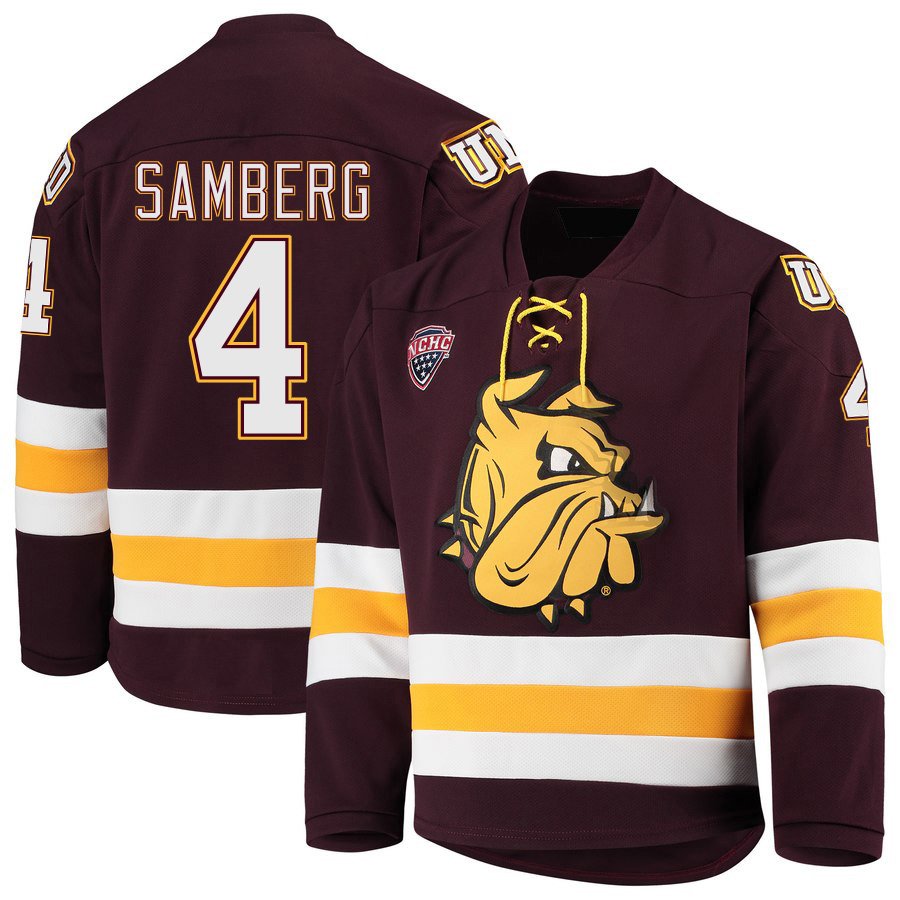Minnesota&acirc;��Duluth Bulldogs 4 Dylan Samberg Away Red Hockey Stitched Jersey