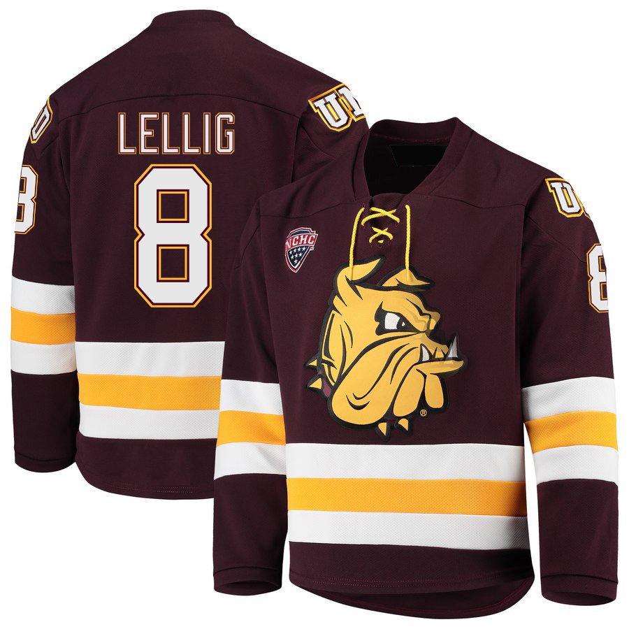 Minnesota&acirc;��Duluth Bulldogs 8 Hunter Lellig Away Red Hockey Stitched Jersey