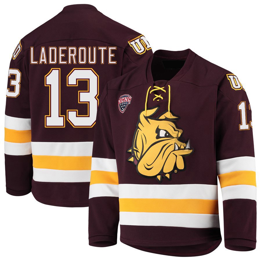Minnesota&acirc;��Duluth Bulldogs 13 Tanner Laderoute Away Red Hockey Stitched Jersey
