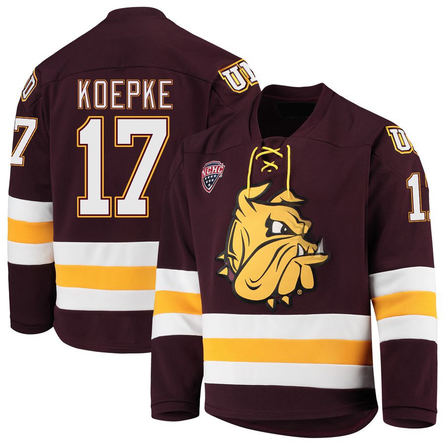 Minnesota&acirc;��Duluth Bulldogs 17 Cole Koepke Away Red Hockey Stitched Jersey