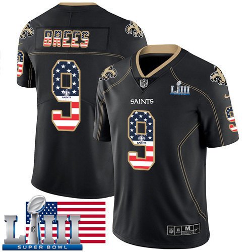 #9 New Orleans Saints Drew Brees Limited Men's Black Super Bowl LIII Jersey USA Flag