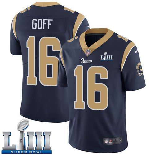 Men's Limited Jared Goff Los Angeles Rams Navy Blue Super Bowl LIII Jersey #16 Home