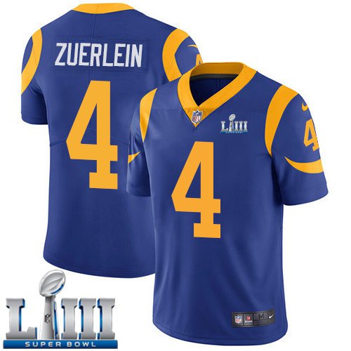 Men's Limited Greg Zuerlein Los Angeles Rams Royal Blue Super Bowl LIII Jersey #4