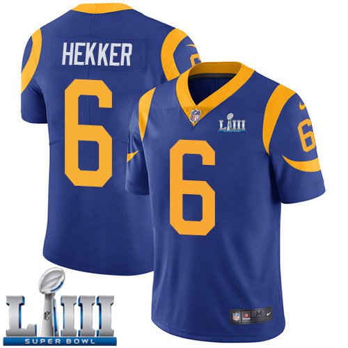 Men's Limited Johnny Hekker Los Angeles Rams Royal Blue Super Bowl LIII Jersey #6