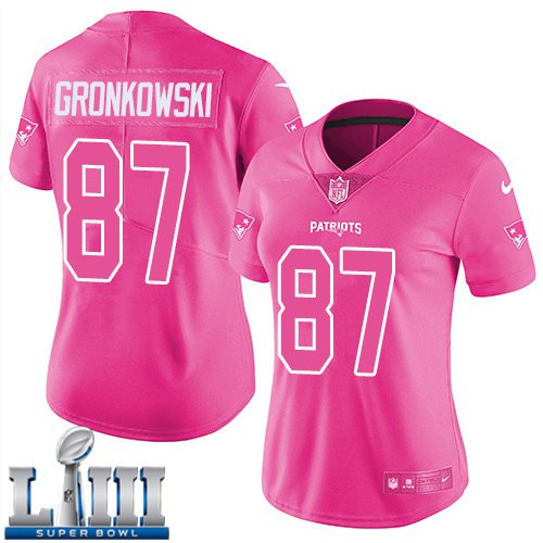 #87 New England Patriots Rob Gronkowski Women's Pink Super Bowl LIII Jersey