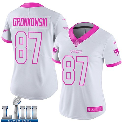 #87 New England Patriots Rob Gronkowski Women's White/Pink Super Bowl LIII Jersey
