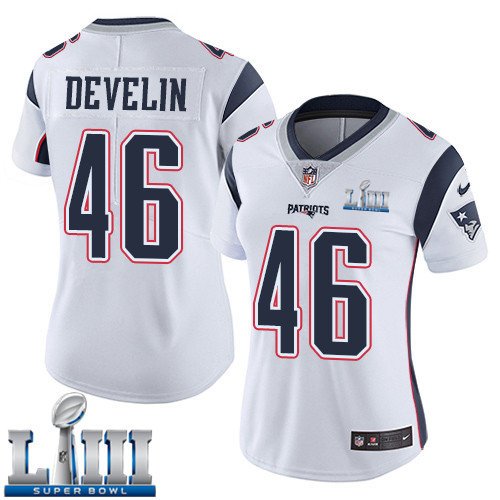#46 New England Patriots James Develin Women's Road White Super Bowl LIII Jersey