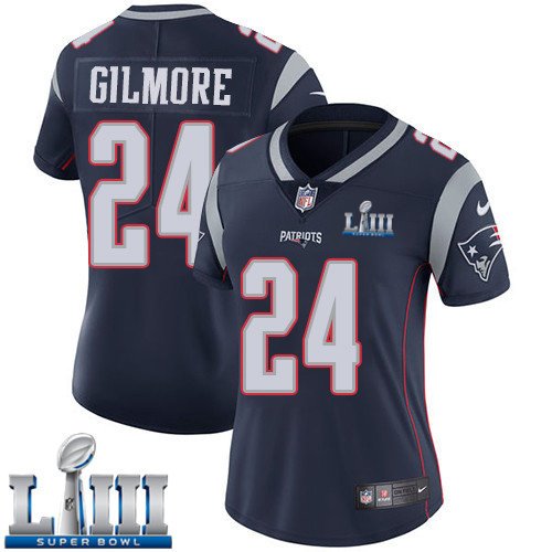 #24 New England Patriots Stephon Gilmore Women's Home Navy Blue Super Bowl LIII Jersey