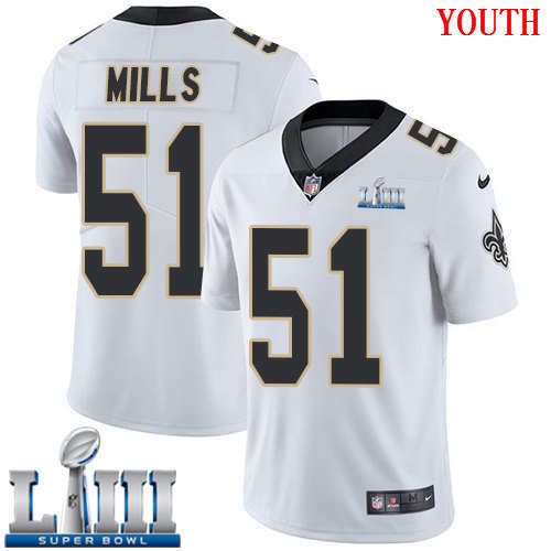 #51 New Orleans Saints Sam Mills Youth Road White Super Bowl LIII Jersey