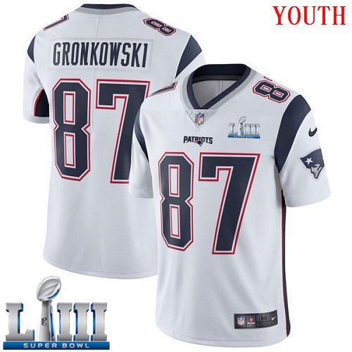 #87 New England Patriots Rob Gronkowski Youth Road White Super Bowl LIII Jersey