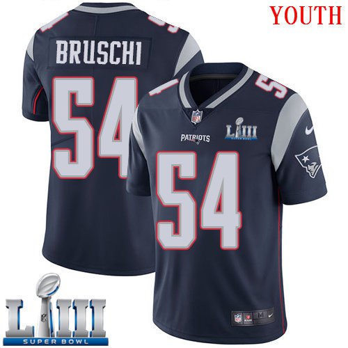 #54 New England Patriots Tedy Bruschi Youth Home Navy Blue Super Bowl LIII Jersey