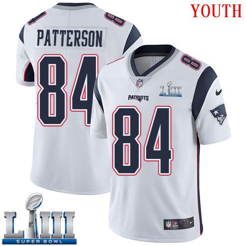 #84 New England Patriots Cordarrelle Patterson Youth Road White Super Bowl LIII Jersey