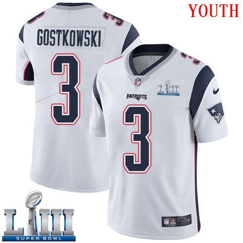 #3 New England Patriots Stephen Gostkowski Youth Road White Super Bowl LIII Jersey