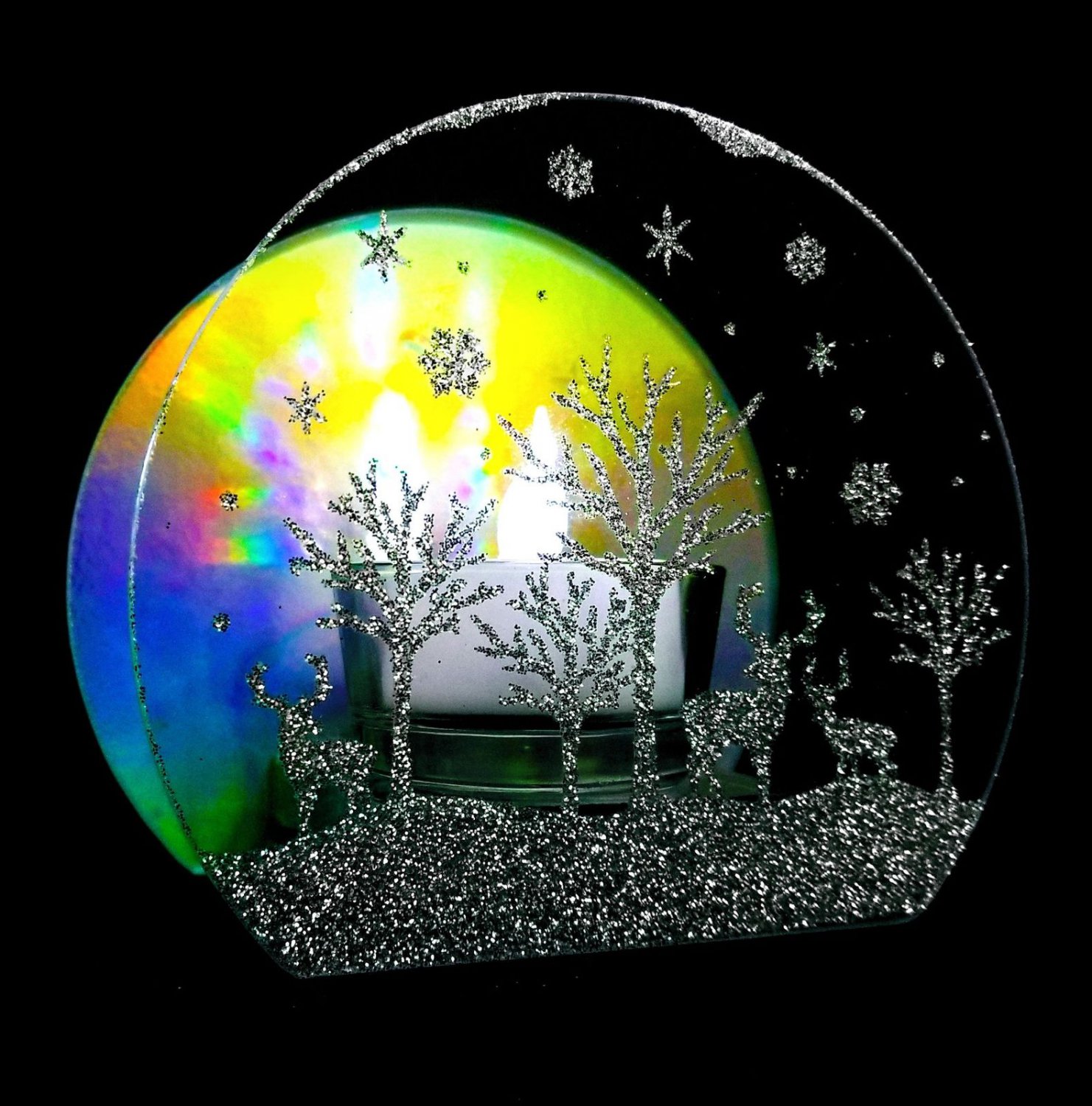 Unique Decor Winter Scene Candle Holder 3 Deer in Forest with Snow Falling Xmas