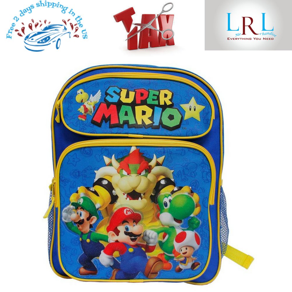 Super Mario Blur & Yellow 14" Medium Backpack Adjustable Padded Shoulder Straps
