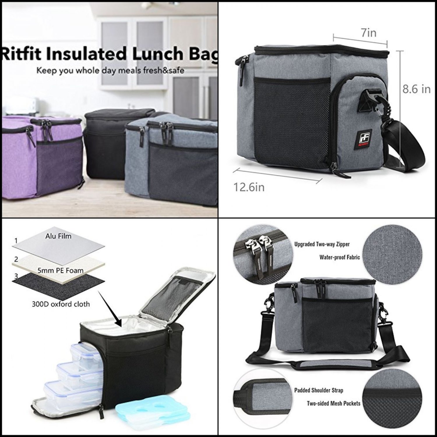 Insulated Lunch Bag with Ice Packs Adjustable Strap & Two side Pockets Grey
