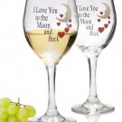 New Set of 2 Decorative Valentine Wine Glasses - I Love You To The Moon and Back