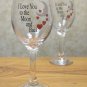New Set of 2 Decorative Valentine Wine Glasses - I Love You To The Moon and Back