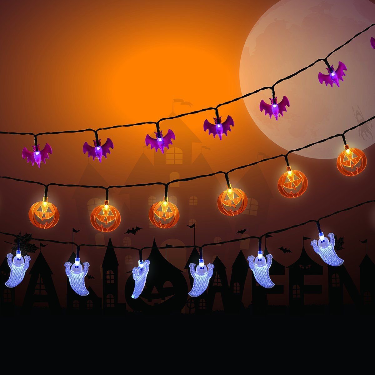 3 Strings with 30 LED Lights Each White Ghosts Orange Jack O'Lanterns Purple Bat