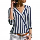 Blue Women Striped Blouse Shirt Long Sleeve Blouse V-neck Shirts Casual Tops Blouse