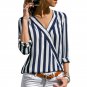 Blue Women Striped Blouse Shirt Long Sleeve Blouse V-neck Shirts Casual Tops Blouse