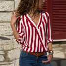 RED Women Striped Blouse Shirt Long Sleeve Blouse V-neck Shirts Casual Tops Blouse