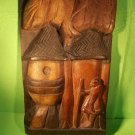 AFRICAN VILLAGE SCENERY- PRIMITIVE-VINTAGE- HAND CARVED WOOD- WALL PLAQUE-UNIQUE