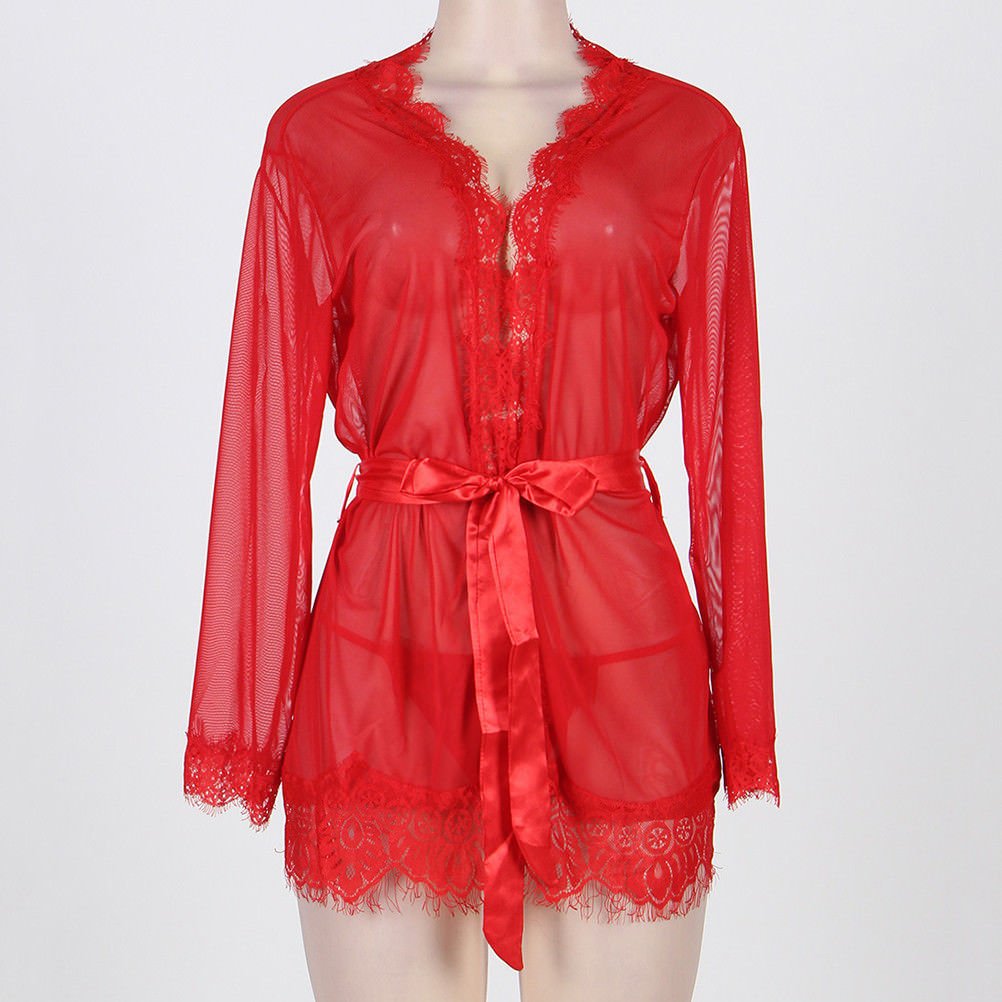 Women Open Front Lingerie Sleeve Lace Sleepshirt Pajama with Gstring