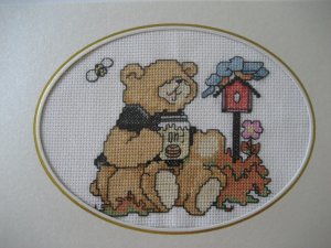 Finished cross stitich card Spring bear