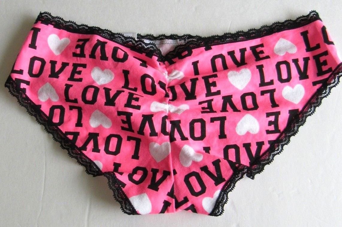 SO Kohls Hipster Panties Size (Medium) Pink Love Heart Black Lace Rushed