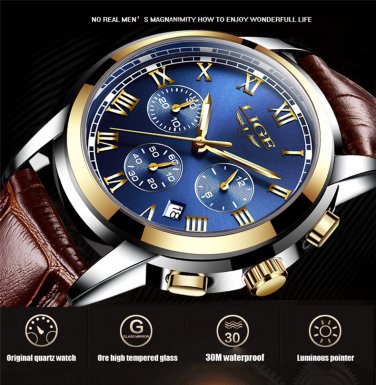 Men's Watch LIGE Top Brand Leather Waterproof Clock Gold Watch Relogio Masculino