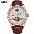 LIGE watches Automatic mechanical Sport clock leather Casual business wristwatch Gold relojes hombre