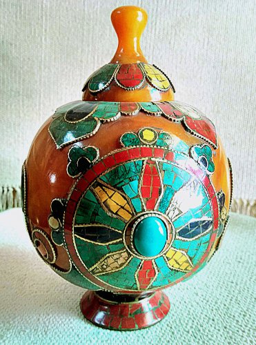Amber Pot with Turquoise, Lapis and Coral -Hand made