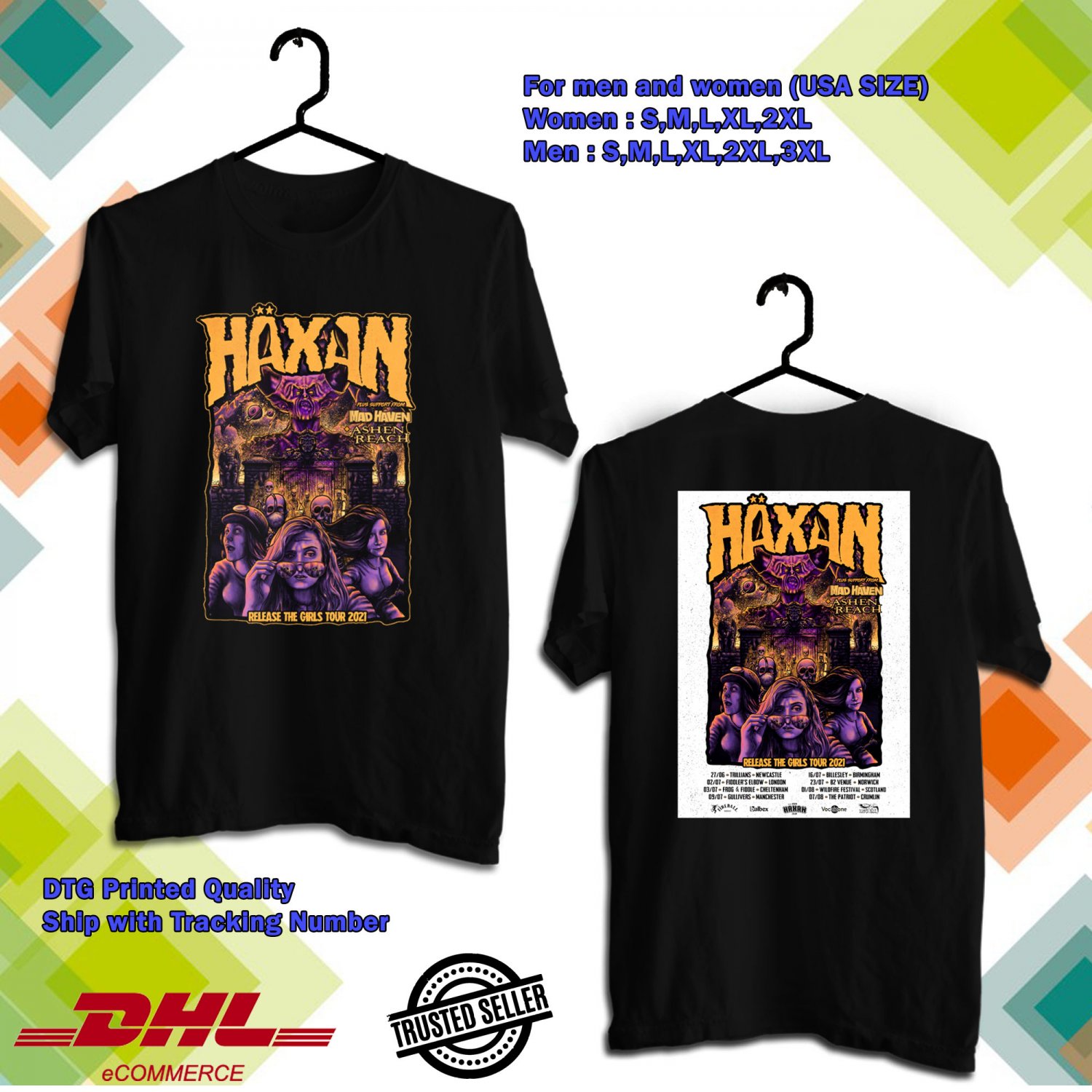 HAXAN BAND RELEASE THE GIRLS U.KINGDOM TOUR 2021 BLACK TEE WITH DATES DM01