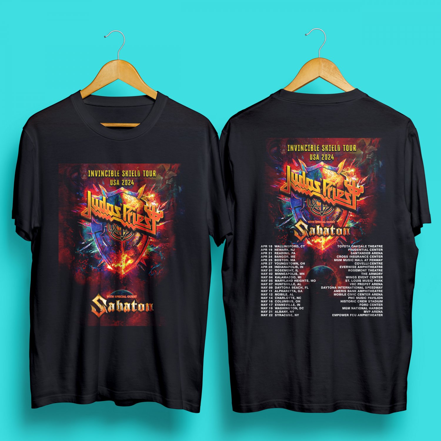 JUDAS PRIEST INVINCIBLE SHIELD USA TOUR 2024 BLACK TEE WITH DATES DM01