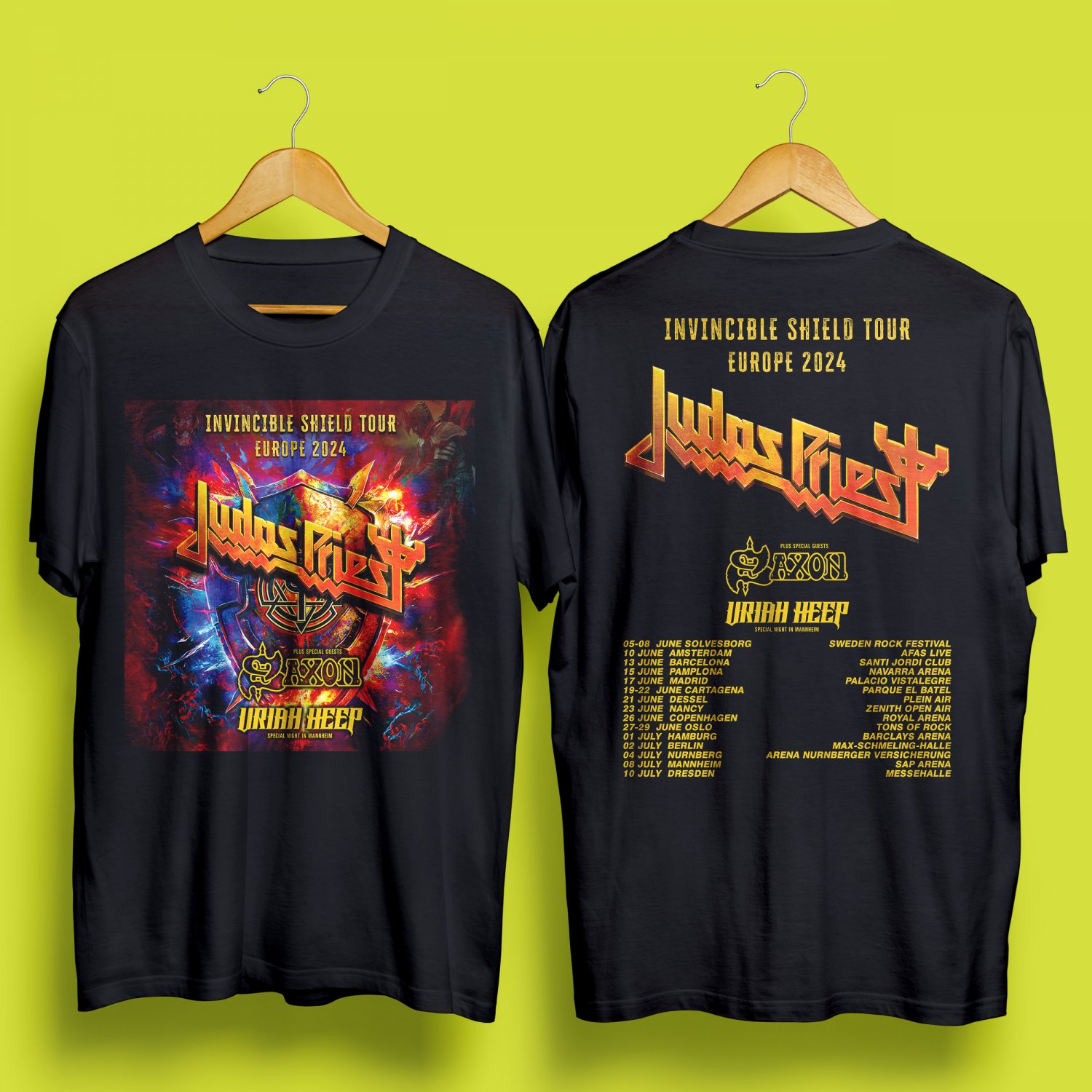 JUDAS PRIEST INVINCIBLE SHIELD EUROPE TOUR 2024 BLACK TEE WITH DATES DM01