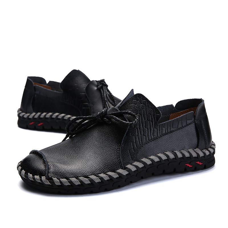New Hand Stitching Genuine Leather Black Wide Toe Fashion Mens Casual Shoes