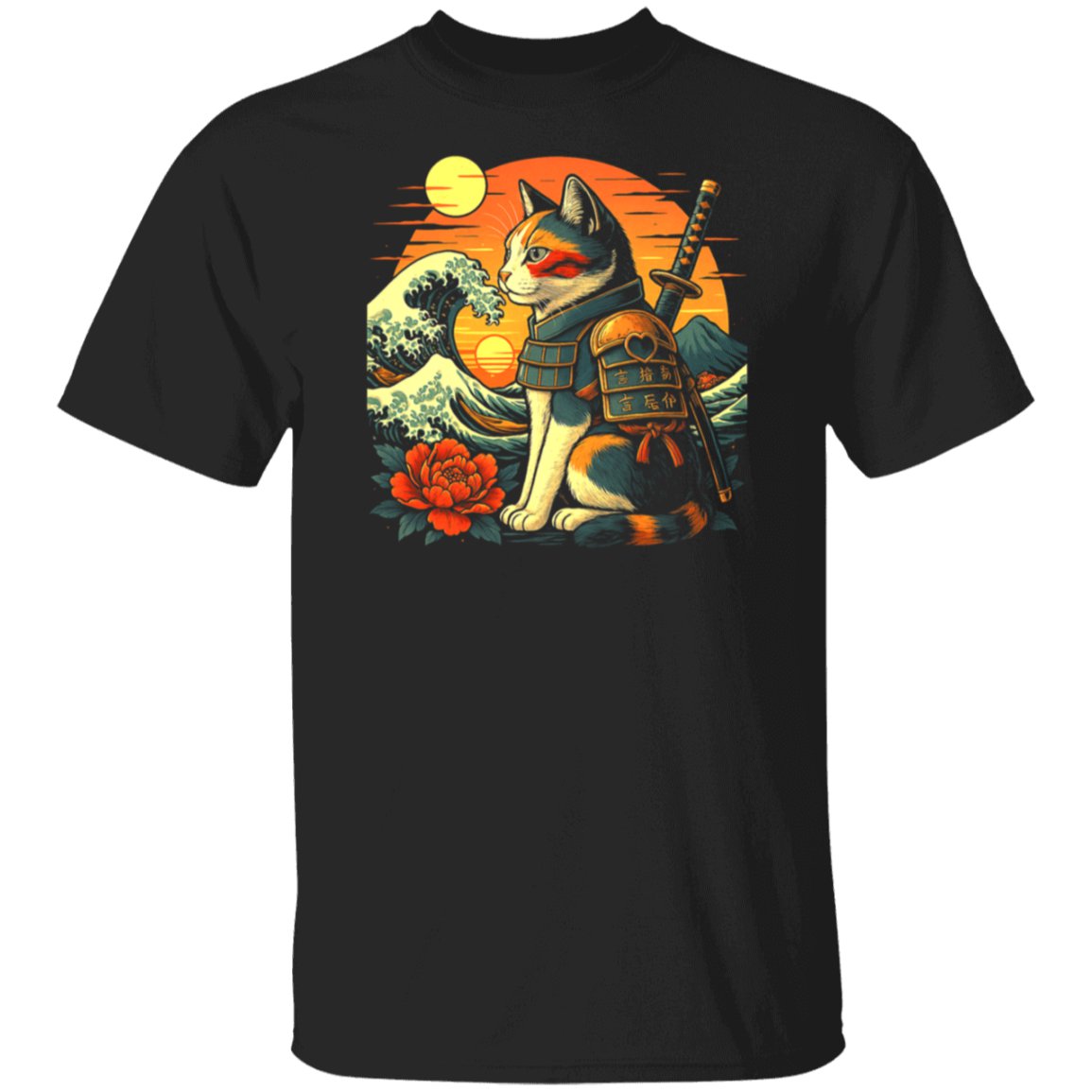 Retro samurai cat T-shirts The Great Wave off Kanagawa Hokusai Art Painting
