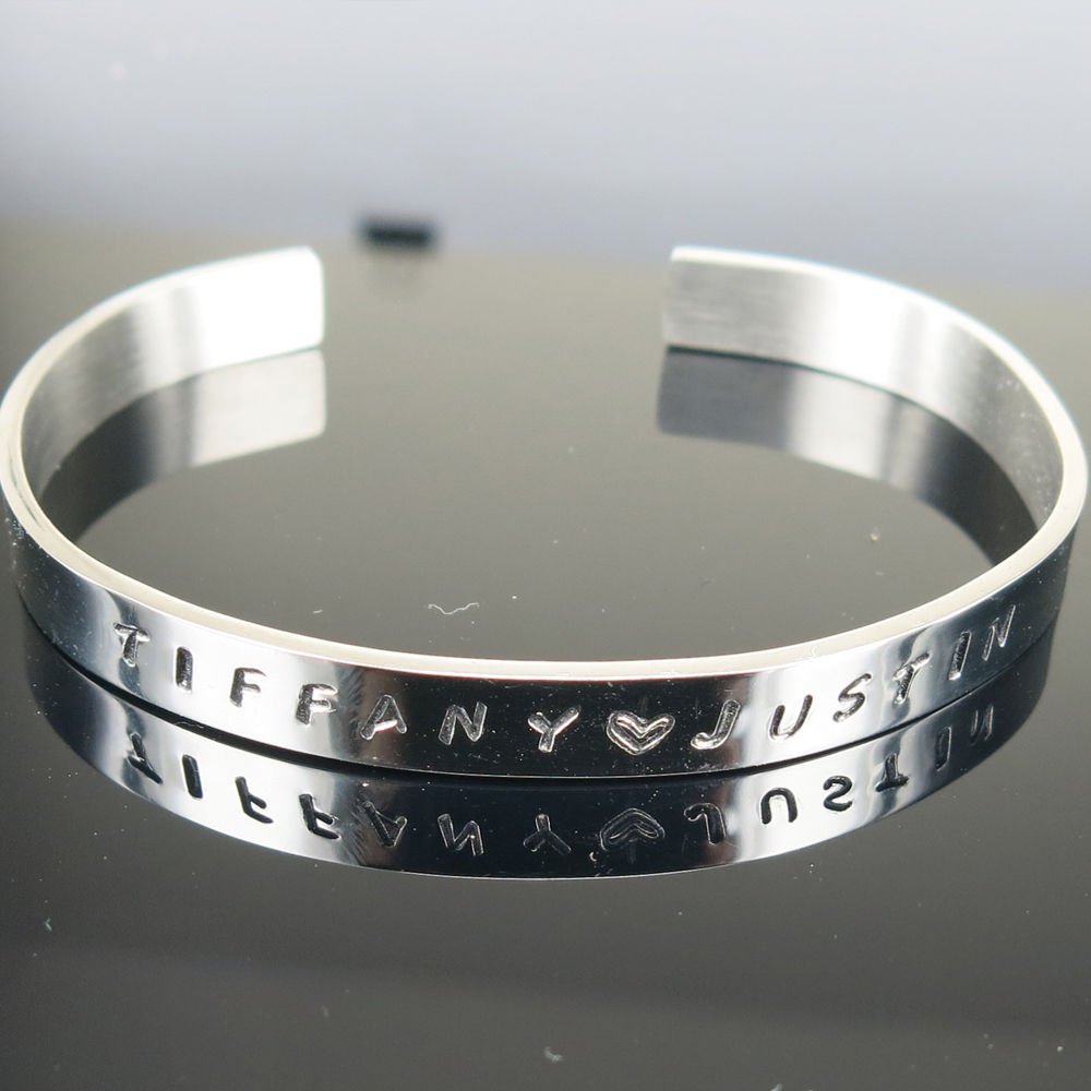 Hand Stamped Personalized Bracelet Cuff Bangle Gold  or Silver Stainless Steel