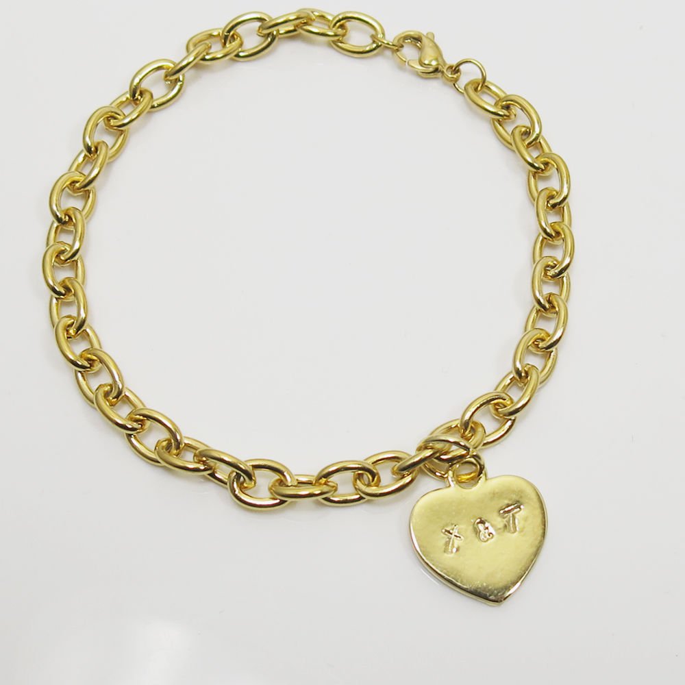 Personalized Monogram Heart Charm Bracelet Gold Stainless Steel Free Engraved