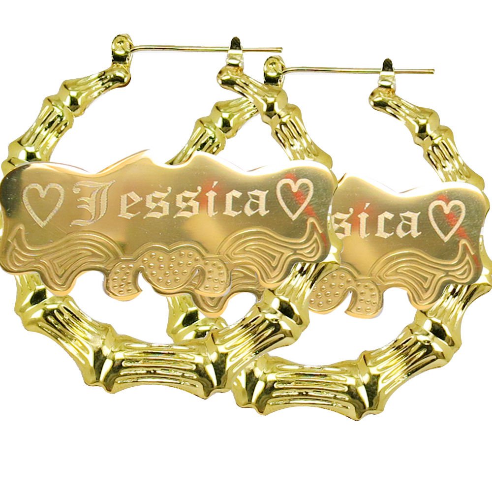 Personalized Gold plated Hoop Name Bamboo Earrings 1.9" Custom Made Any Name