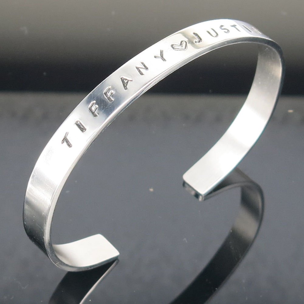 Personalized Silver Stainless Steel Cuff Bracelet Hand Stamped Name Bracelet