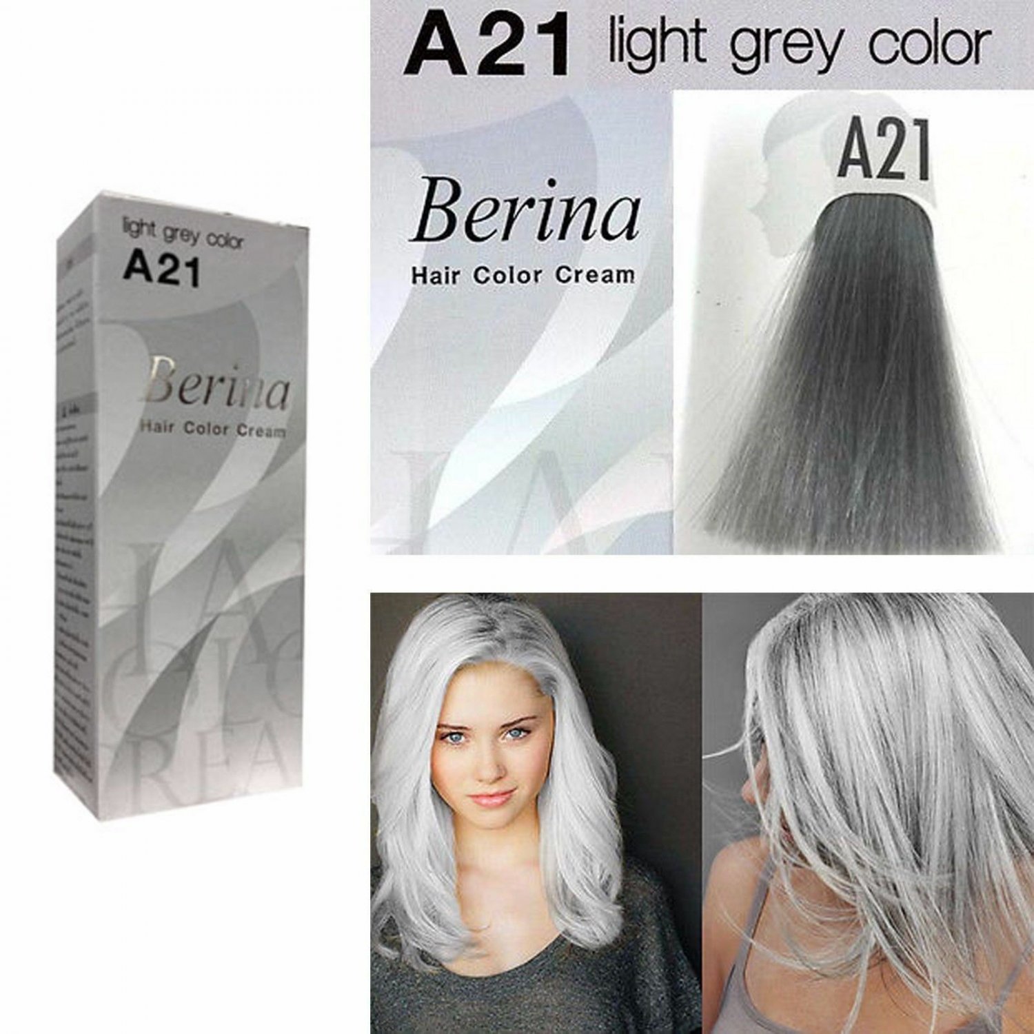 Berina A21 Light Grey Silver Permanent Hair Dye Color Cream Unisex - Punk Style