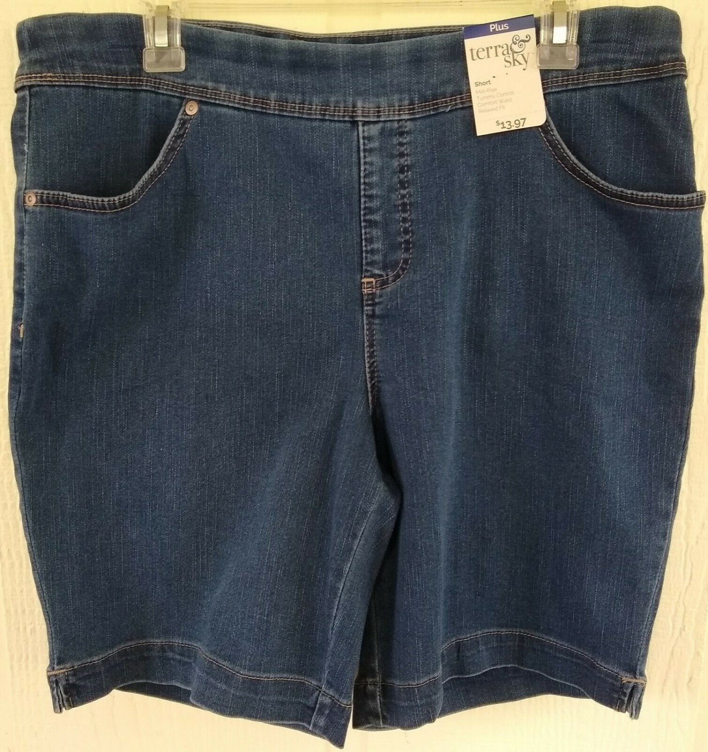 Terra And Sky Pull On Denim Short Womens Plus Size 0x 14w Blue Tummy Control 6158