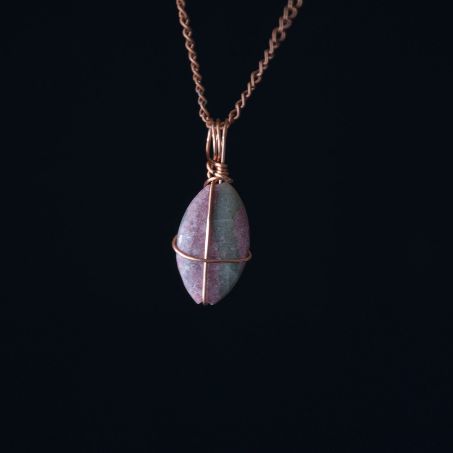 Rhodonite Pendant, Marquis Stone, Copper, Wire Wrap Pendant, Reiki Inf