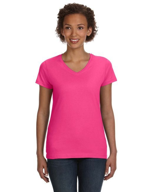 Ladies' V-Neck Fine Jersey T-Shirt - BLACK - S HOT PINK S
