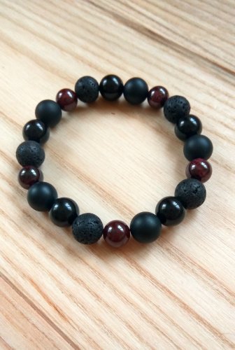 10mm Natural Garnet, Black Agate and Lava Stone Bracelet CUSTOM SIZE Black Red